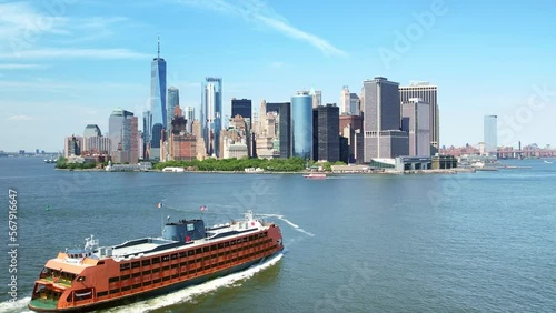 Drone NYC. Ferry to Manhattan. Aerial view downtown New York city. urban life, modern city in America.  
