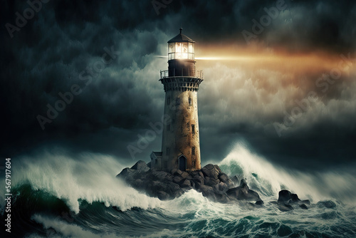 Stormy Landscape With A Lighthouse Leader And Vision Concept. Generative AI