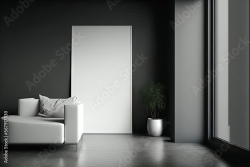 View from the corner of a dark living room with a white  blank poster  a couch  a coffee table  and concrete flooring. Concept for a calm and relaxing minimalist design. a mockup. Generative AI