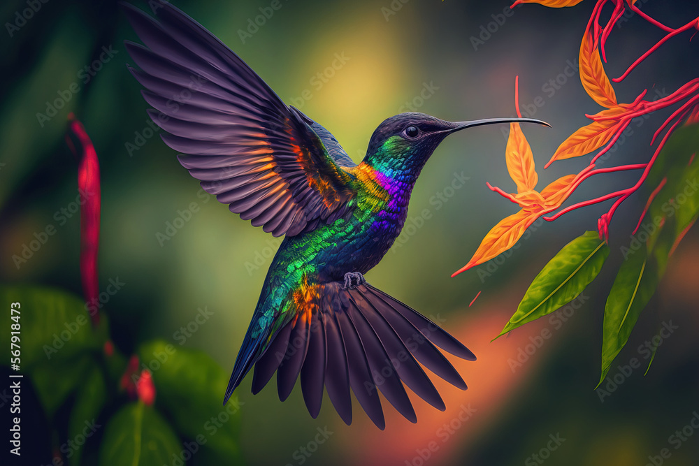 Obraz premium The shiny colored, fiery throated hummingbird Panterpe insignis is in flight. Bird consumes liquid from crocosmia. Tropical woodland flight action scene with wildlife. Costa Rican mountain colorful an