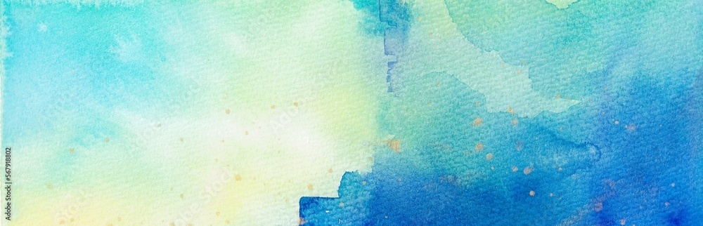 抽象的水彩画　空のような幻想的で美しい青と水色と黄色
