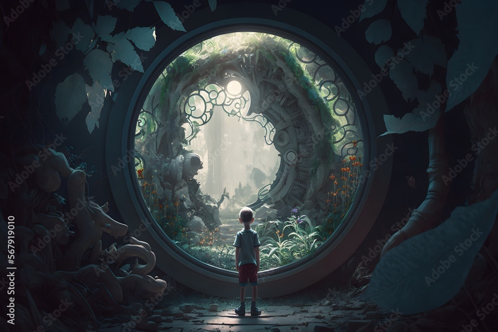 child standing in front of portal created using Generative AI ...