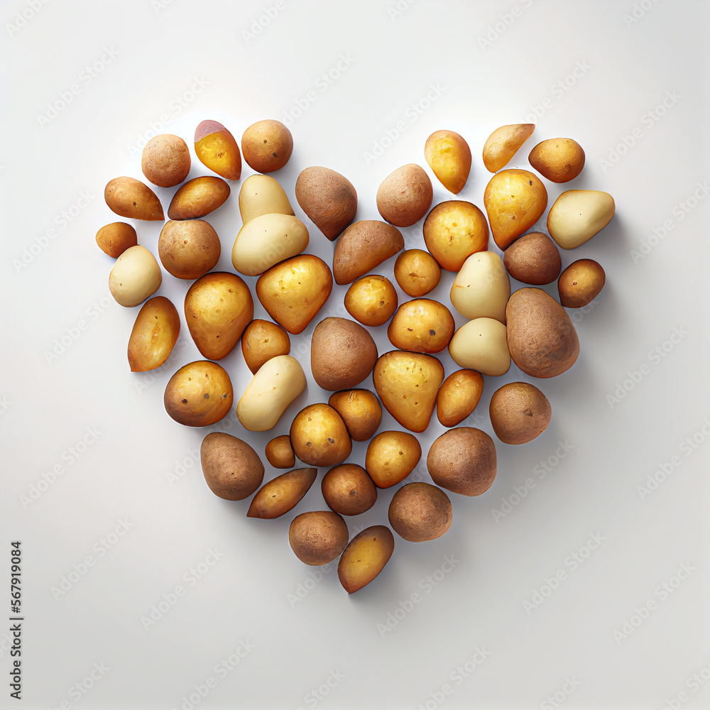 Oil painting style, group of potatoes be arrange in heart shape on white background. Healthy love food. Vegan lover. Oil painting style, group of potatoes be arrange in heart shape on white background. Healthy love food. Vegan lover.
