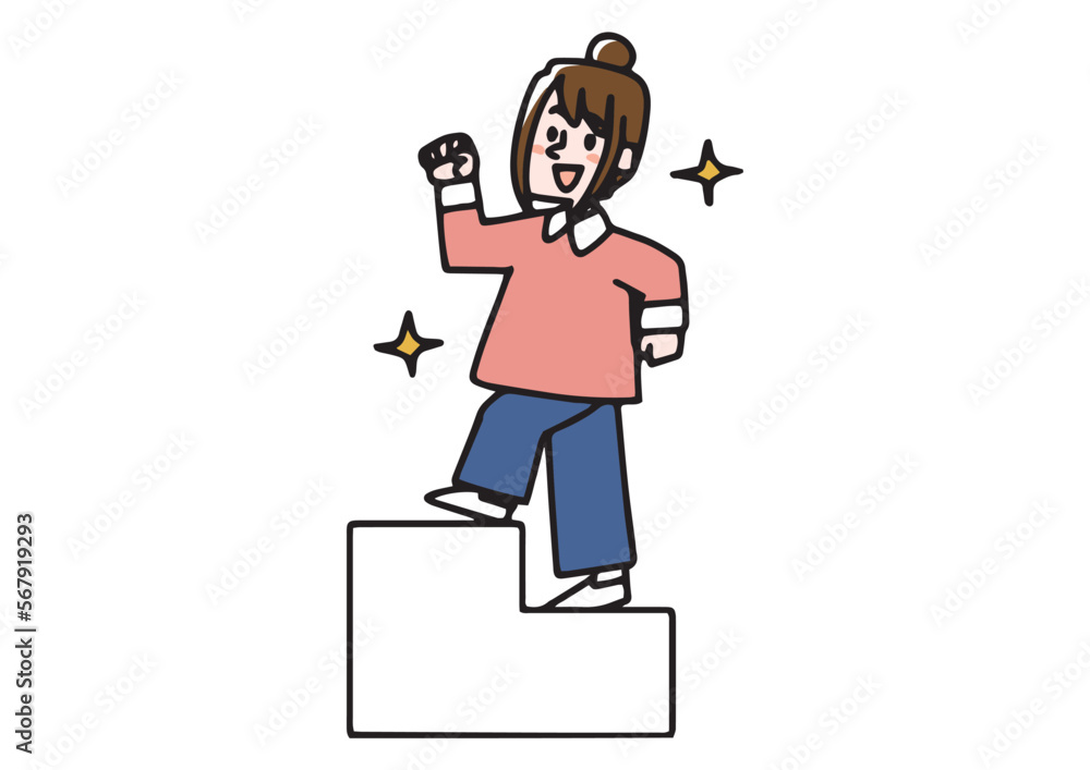ステップアップした女性 通信、オンライン教育で新しい学習にチャレンジするイラスト ステップアップした女性 通信、オンライン教育で新しい学習にチャレンジするイラスト