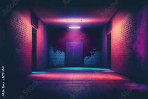 Illustration of a Garage Studio Dance Glowing Blue Purple Spot Lights Concrete Floor Neon Retro Brick Walls Club Mist Dark Foggy Empty Hallway. Generative AI