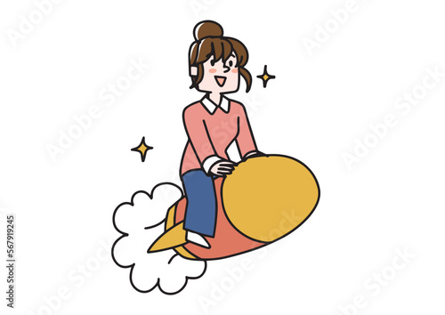 ロケットに乗って新しいスタートをする女性　通信、オンライン教育で新しい学習にチャレンジするイラスト