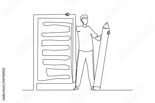 Continuous single one line drawing art of businessman holding big pencil and big clip board of checklist paper. Vector illustration of complete task list successful.