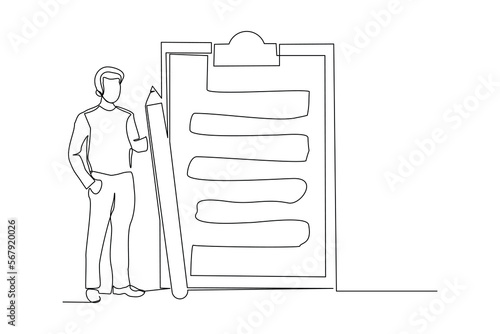 Continuous single one line drawing art of businessman holding big pencil and big clip board of checklist paper. Vector illustration of complete task list successful.
