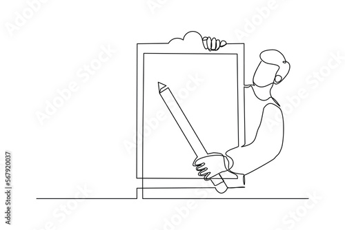 Continuous single one line drawing art of businessman holding big pencil and big clip board of checklist paper. Vector illustration of complete task list successful.
