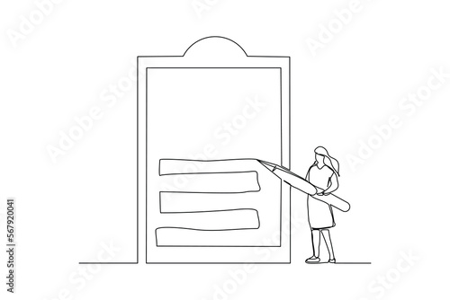 Continuous single one line drawing art of business woman holding big pencil and big clip board of checklist paper. Vector illustration of complete task list successful. photo