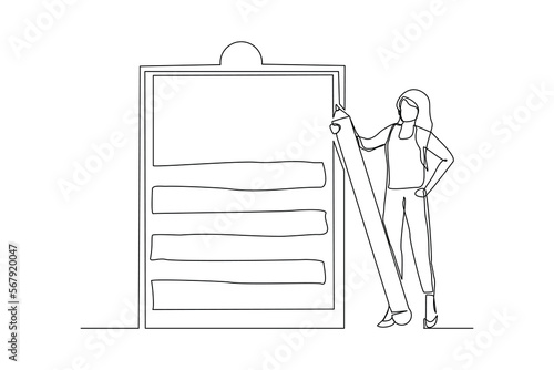 Continuous single one line drawing art of business woman holding big pencil and big clip board of checklist paper. Vector illustration of complete task list successful.