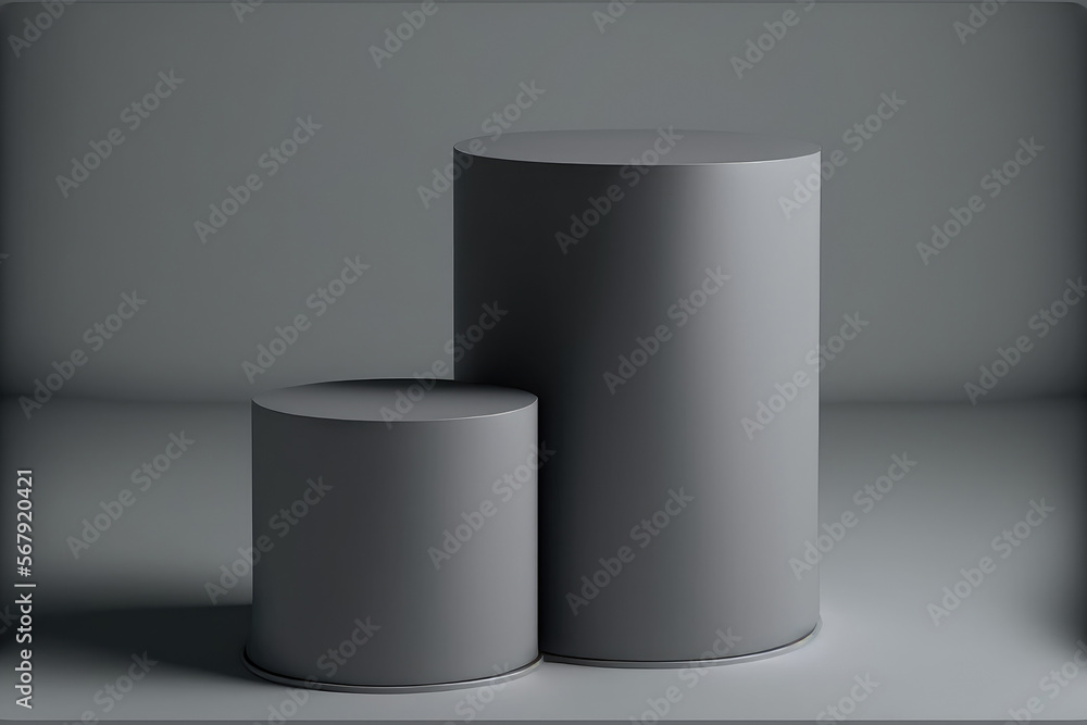 gray abstract background Modern minimalist product display setting with two empty cylinder pedestals. Generative AI gray abstract background Modern minimalist product display setting with two empty cylinder pedestals. Generative AI