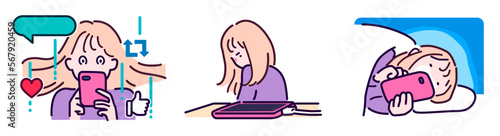 スマホ依存症の女性のイラストセット