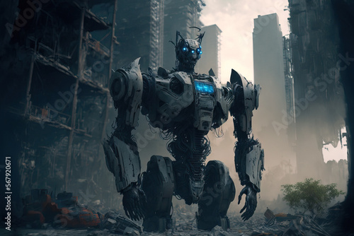 Robotic army in a ruined city. Concept of a future apocalypse. Generative AI