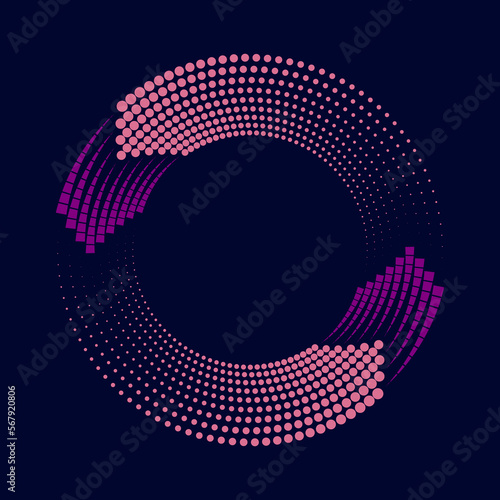 Pink and violet squares and dots in circle form. Segmented circle. Helix. Geometric art. Circular shape. Trendy design element for border frame, round logo, tattoo, sign, symbol, web pages, prints
