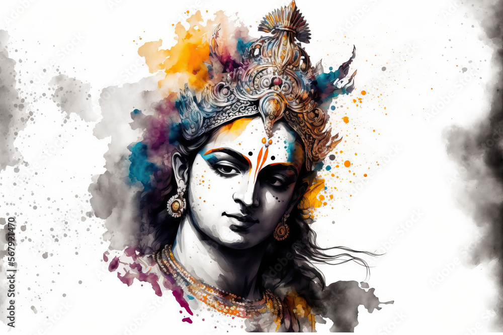 Indian god Krishna pictures on a white backdrop with an image of Lord