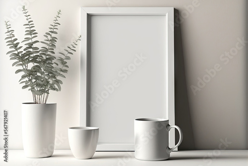 Mock up minimalist home interior with empty white wooden photo frame and ceramic mug. Generative AI