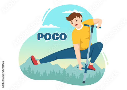 People Playing With Sport Jump Pogo Stick Illustration for Web Banner or Landing Page in Outdoor Fun Toy Flat Cartoon Hand Drawn Templates