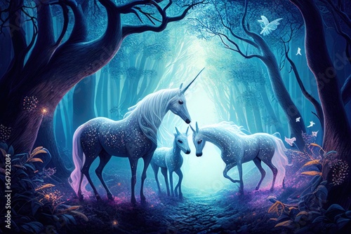 Fantasy illustration of a family of three unicorns in a forest mountains  Generative AI