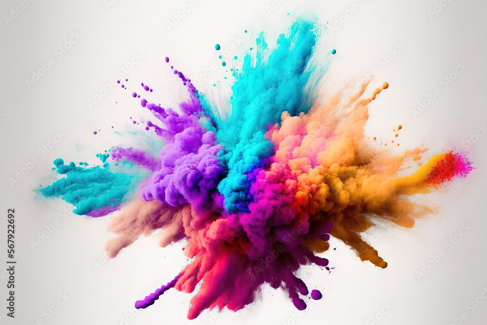 eruption of colored powder against a white background. abstract close up of background with dust. vibrant explodes Holi paints. Generative AI