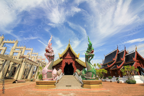 wat banden maetaeng temple ,pink and green serpent statue,white lion statue,pink and blue peacock statue photo