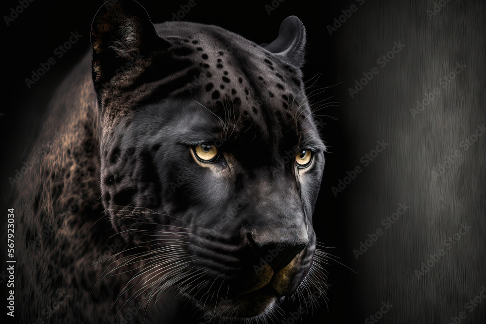 Black backdrop with close up of a menacing black panther face. photos of the black panther's face. Generative AI