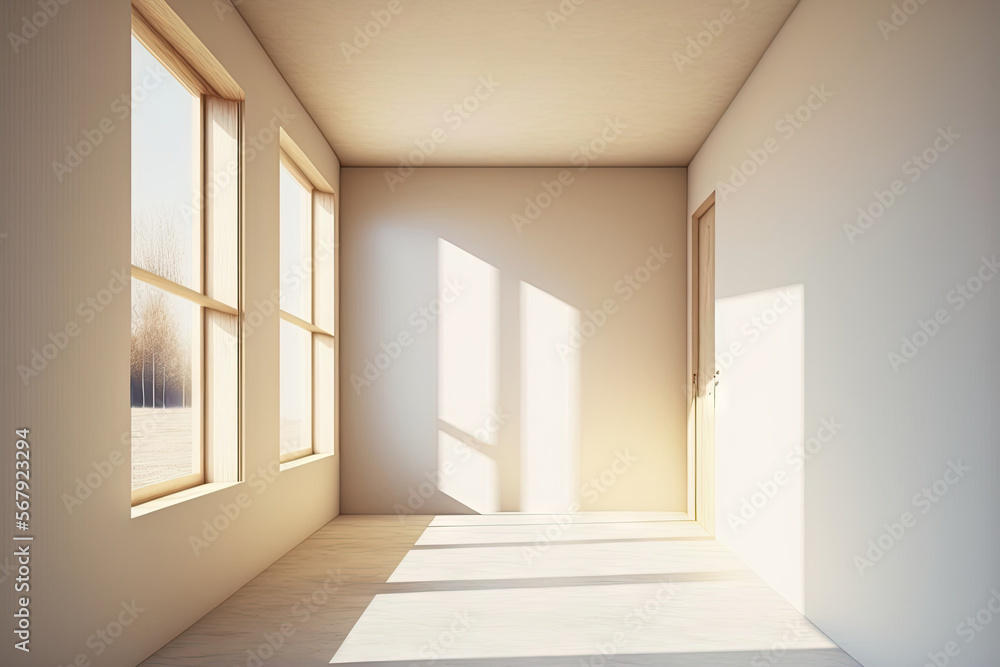 Empty room with sand beige empty wall and sunlight through window in a room 3d mock up rendering illustration. Generative AI Empty room with sand beige empty wall and sunlight through window in a room 3d mock up rendering illustration. Generative AI