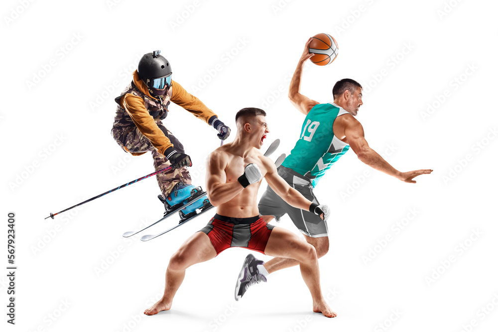 MMA, skiing, basketball. Sport in action. Professional athletes. Sport collage. Isolated in white. Sport emotion MMA, skiing, basketball. Sport in action. Professional athletes. Sport collage. Isolated in white. Sport emotion