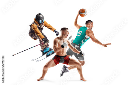 MMA, skiing, basketball. Sport in action. Professional athletes. Sport collage. Isolated in white. Sport emotion