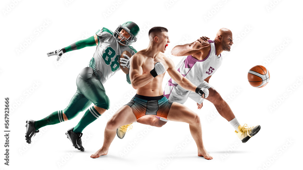 Obraz premium Sport in action. MMA, american football, basketball. Sport emotion. Professional athletes. Sport collage. Isolated in white