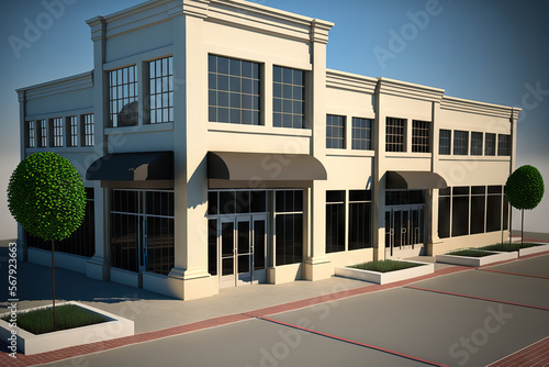 New office, retail, and commercial structure Mixed use spaces are for sale or lease. Awned storefront and office building. Generative AI photo
