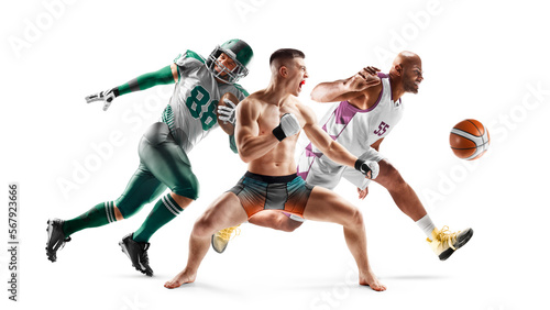 Sport in action. MMA, american football, basketball. Sport emotion. Professional athletes. Sport collage. Isolated in white © Ruslan Shevchenko