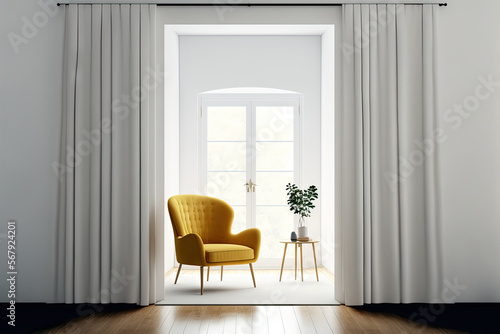 Front view on bright living room interior with curtain, armchair, empty white wall, oak wooden hardwood floor, carpet, arch with spacious place, carpet. Concept of minimalist design. Generative AI
