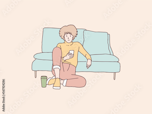 Curly woman with smartphone relaxing on sofa simple korean style illustration