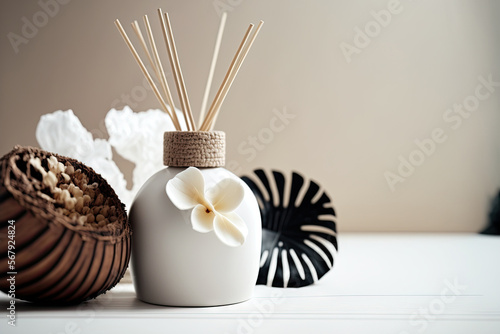 Home fragrance in a reed diffuser container with rattan sticks that has a coconut scent and a fresh, tropical scent on a white background with copy space. Generative AI