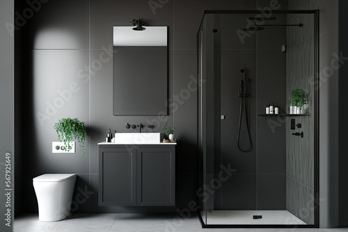 Front view on blank light grey wall with place for poster in stylish monochrome bathroom with dark sink cabinet  shower with glass partition and ceramic tiles wall background.   mock up. Generative AI