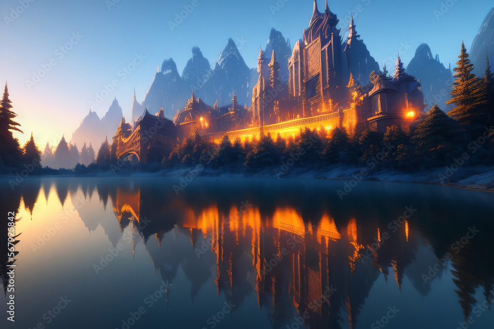 Obraz premium Matte Painting of Beautiful Fantasy Castle On the Shore Reflection on a Calm Lake, Lit by Sunlight, Blue Sky Distant Mountains Generative AI illustration