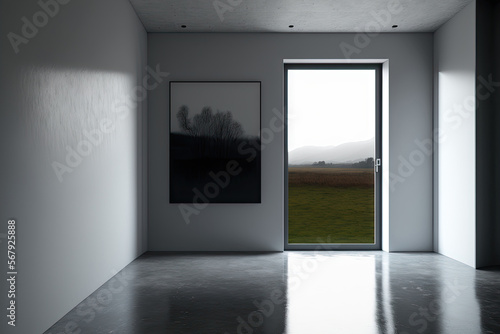 Corner view of a dimly lit living room with a blank white poster, a large window with a view of the countryside, doors, a grey wall, a concrete floor, and a carpet. minimalist design principle