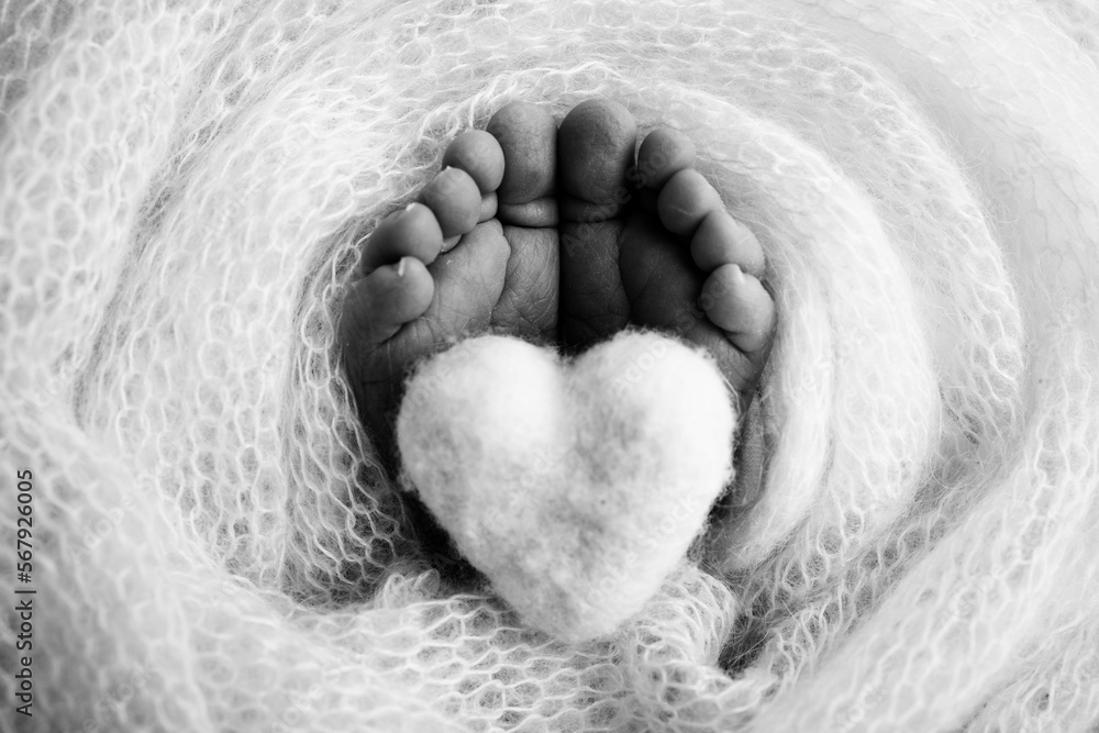 Knitted heart in the legs of a baby. Soft feet of a new born in a wool blanket. Knitted heart in the legs of a baby. Soft feet of a new born in a wool blanket.