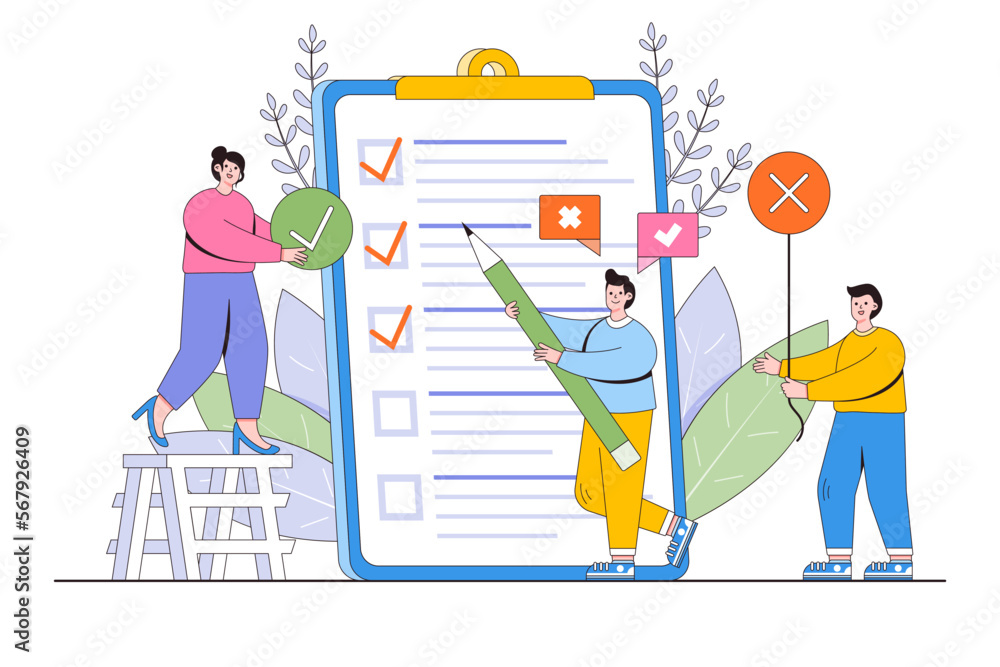 Flat people fill out a form, done job, long paper document and to do list with checkboxes concept. Outline design style minimal vector illustration for landing page, web banner, hero images