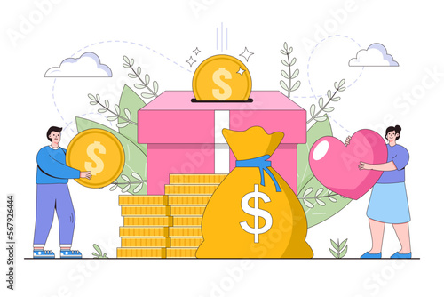 Flat donation and charity concept. Outline design style minimal vector illustration for landing page, web banner, hero images