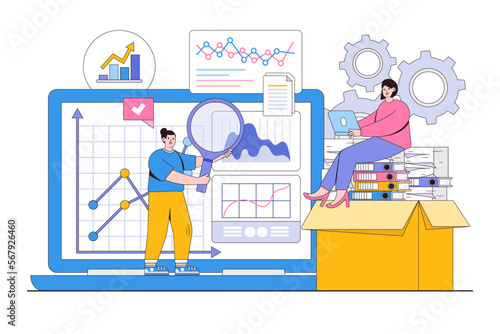 Flat digital data analysis concept. People characters working with data visualization, analyzing tables, charts and graphs at business dashboard