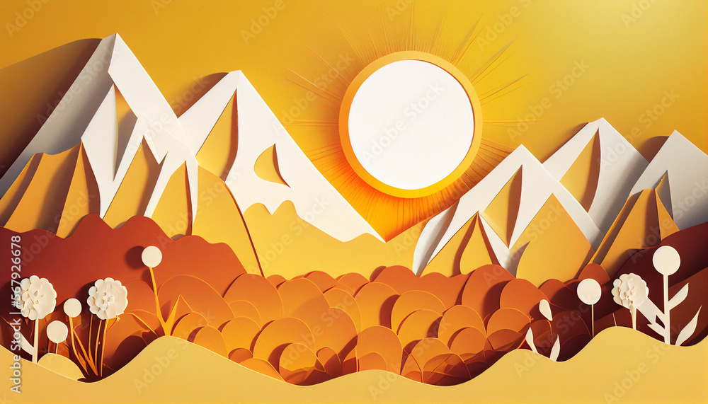 Spring Mountain with Snowy Peaks Background in papercut style. Generative AI Spring Mountain with Snowy Peaks Background in papercut style. Generative AI