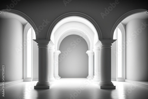 Arch columns illuminated from within in an empty room. Generative AI