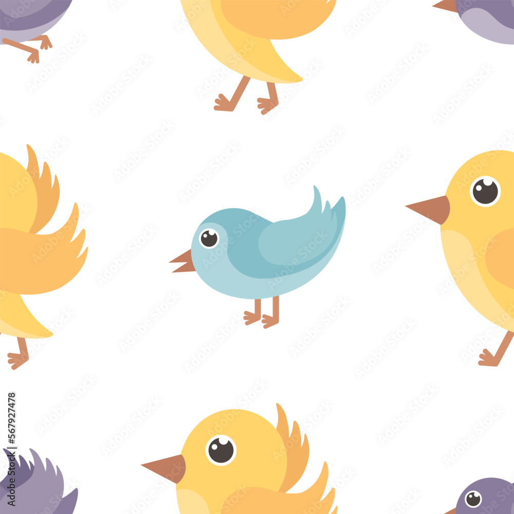 Obraz premium Cartoon birds. Seamless pattern with the image of cute birds in blue, purple and yellow colors. Children s pattern for printing and gift wrapping. Vector illustration