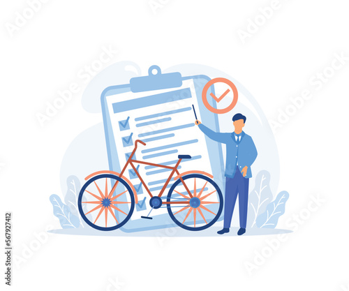 Vehicle insurance illustration. Characters buying car, bicycle and motorbike insurance policy with full coverage and protection. Insured persons and objects.flat vector modern illustration