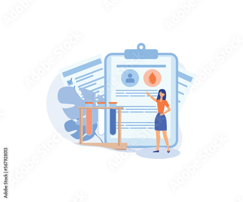 Medical tests illustration.  Laboratory doctor or chemist testing patients urine and blood samples and saving lab results online. Health care and medicine concept.flat vector modern illustration