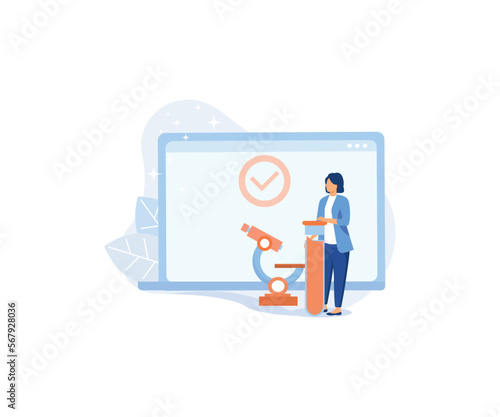 Medical tests illustration.  Laboratory doctor or chemist testing patients urine and blood samples and saving lab results online. Health care and medicine concept.flat vector modern illustration 