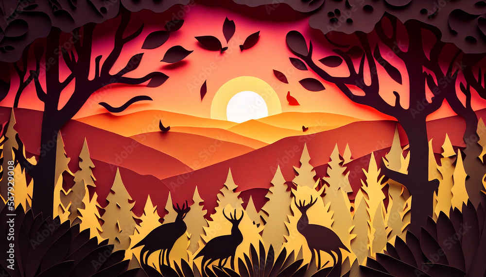 Glorious Spring Sunrise Over a Forest Background in Papercut Style. Generative AI