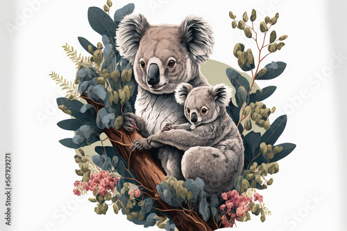 Mother and infant koalas perched on a leafy limb. Generative AI